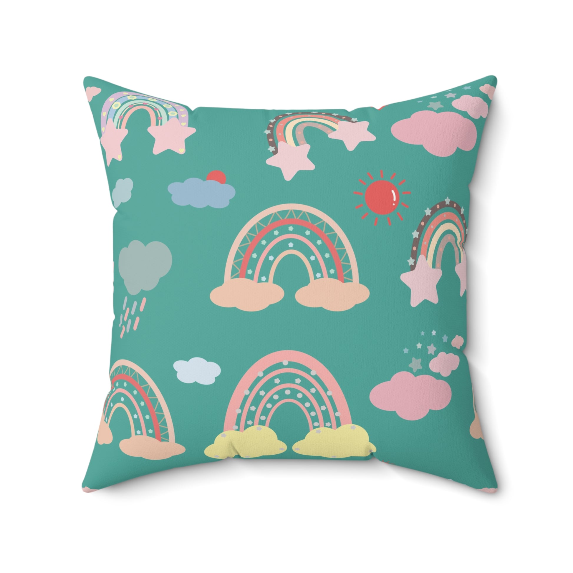Teal Sky Rainbows nursery pillow shown from the front