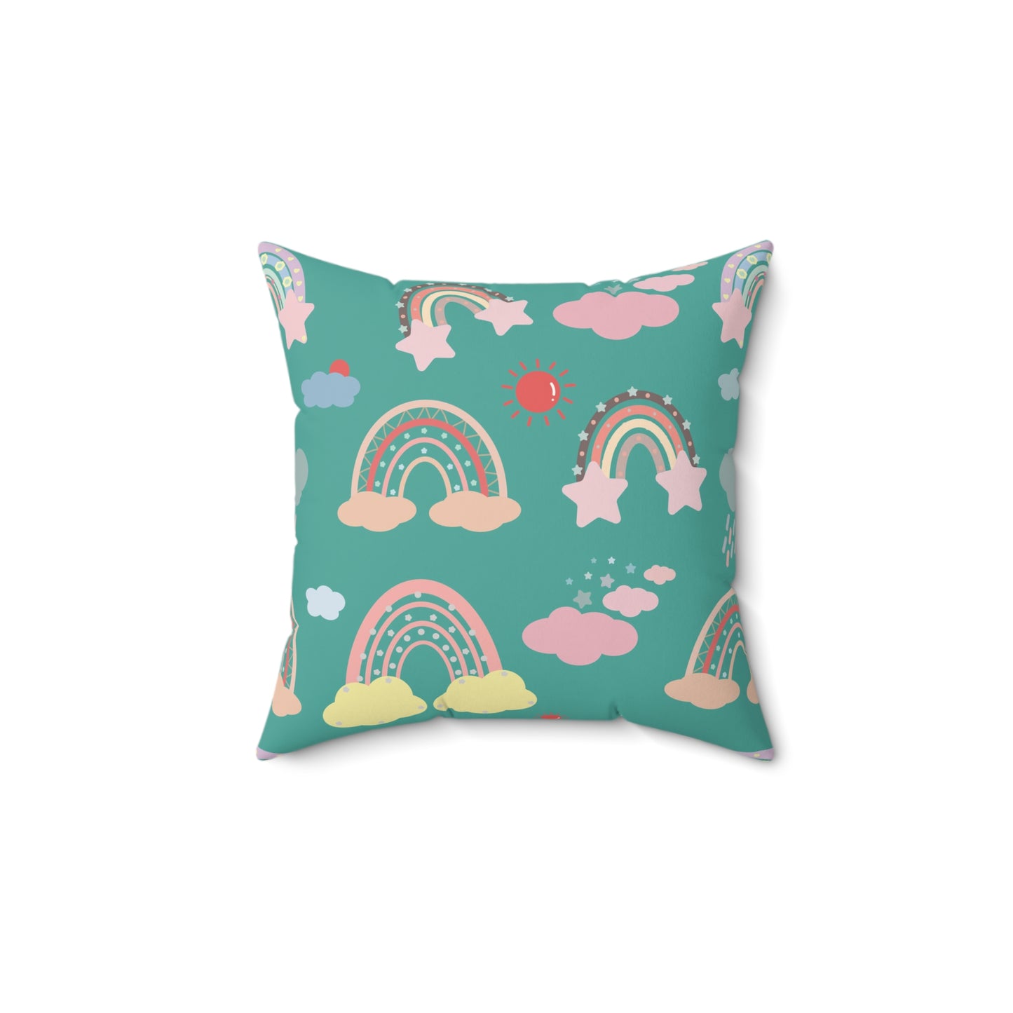 Teal Sky Rainbows pillow in the 18 inch square size