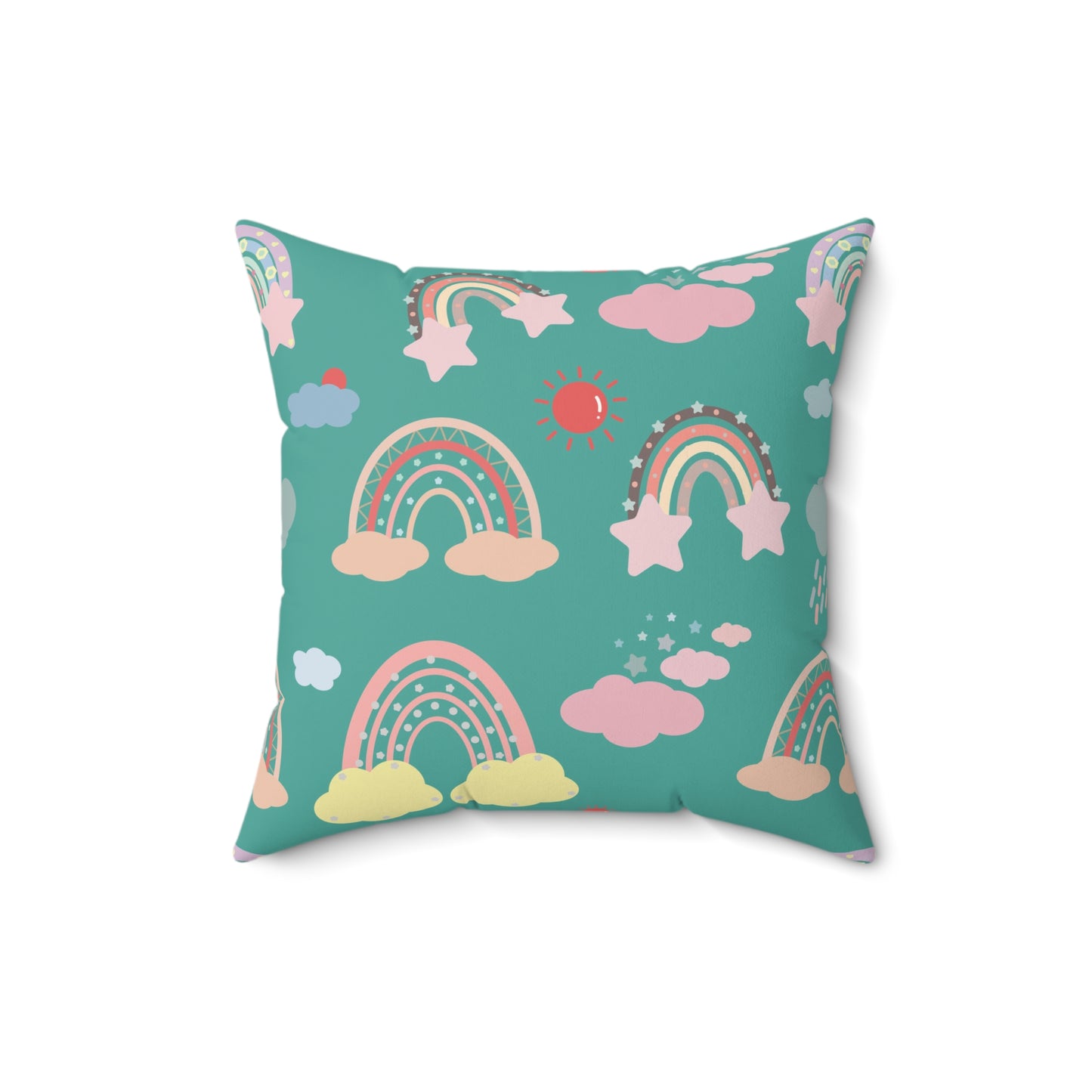 Nursery pillow in teal and coral, Teal Sky Rainbows print