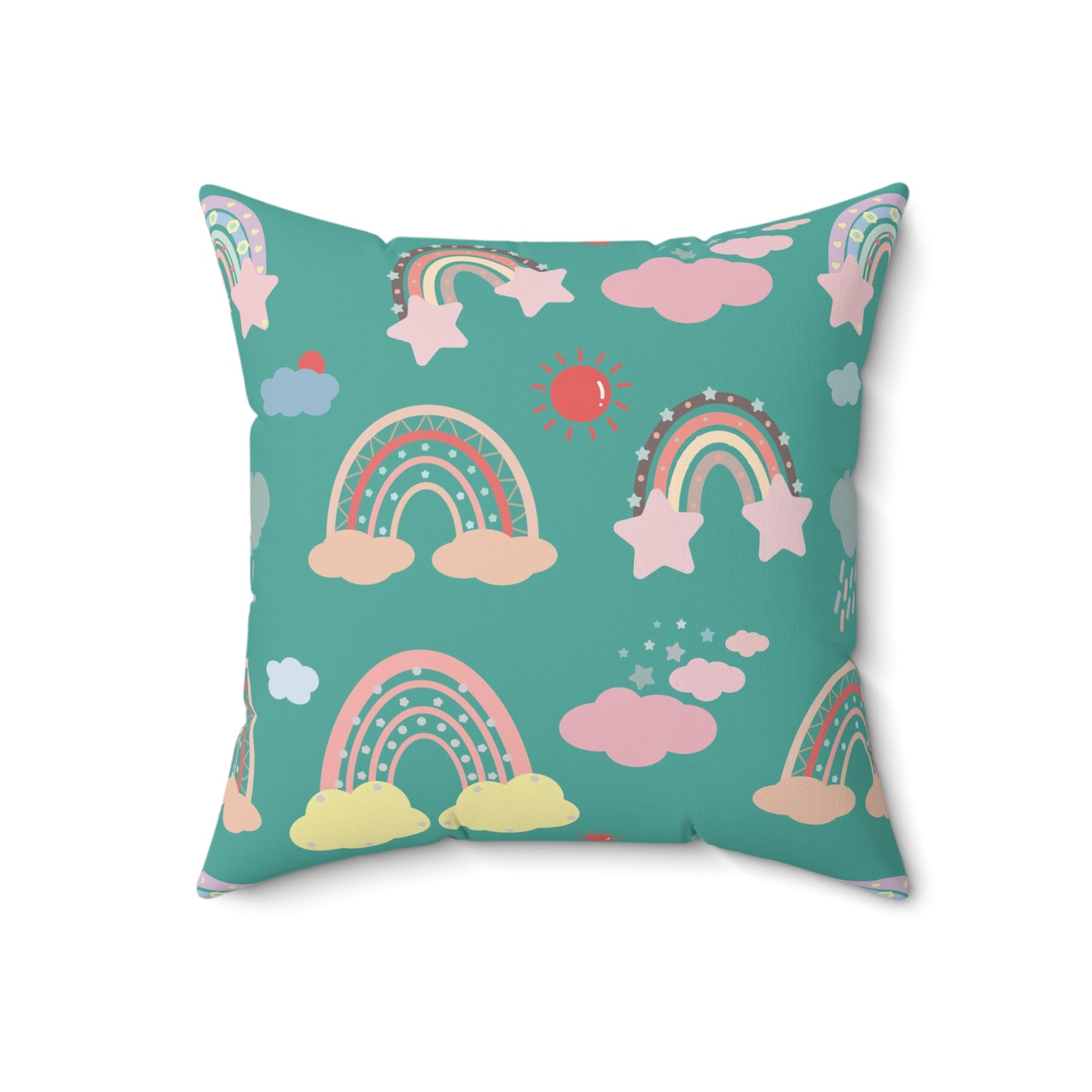 Teal Sky Rainbows decorative pillow against a plain background