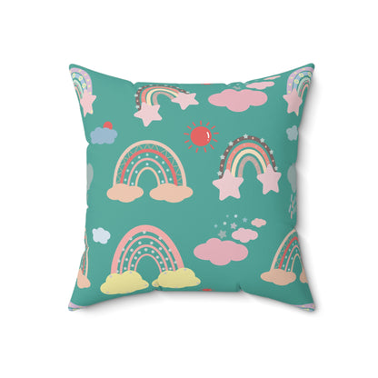 Teal Sky Rainbows decorative pillow against a plain background