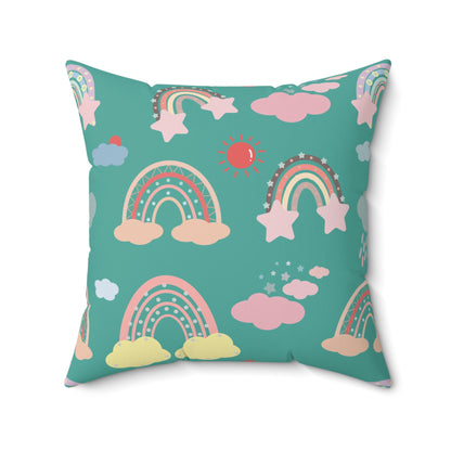 Faux suede pillow with rainbows, clouds and a red sun