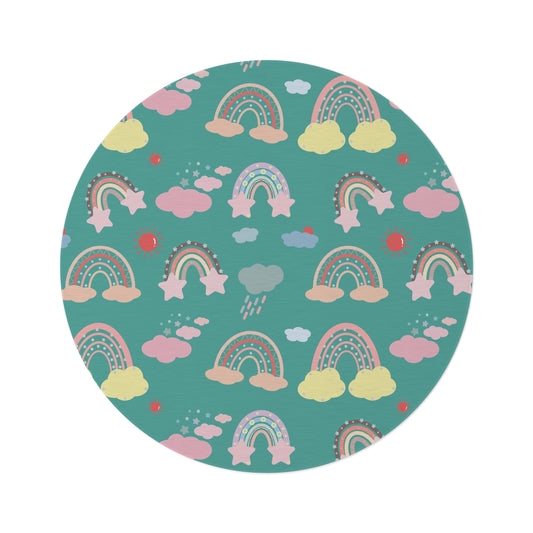 Teal Sky Rainbows round nursery rug on a baby room floor