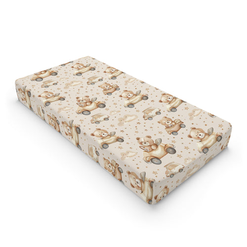 Teddy Roadtrip changing pad cover on a nursery changing table