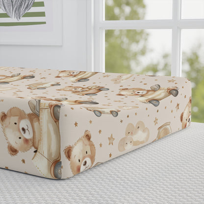 Close detail of the Teddy Roadtrip print on the changing pad cover