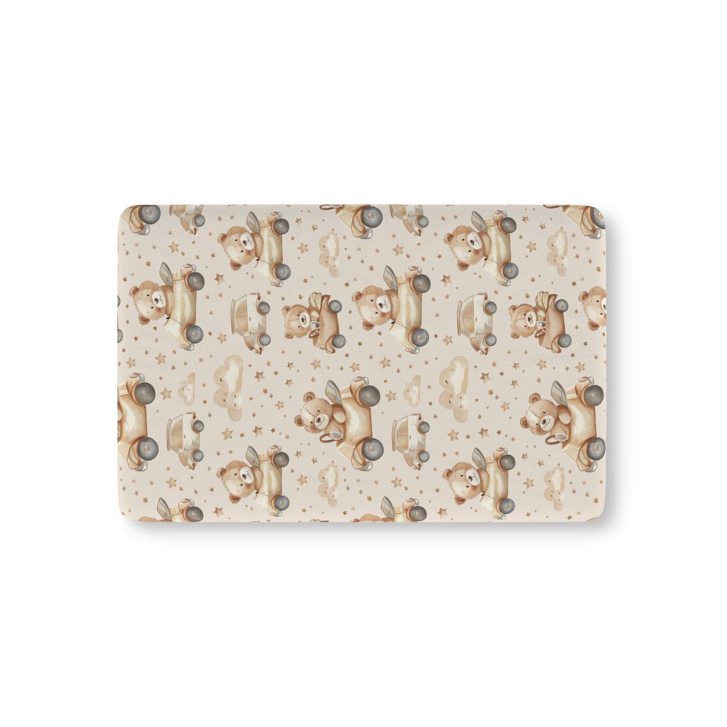 Teddy Roadtrip fitted crib sheet on a nursery crib mattress