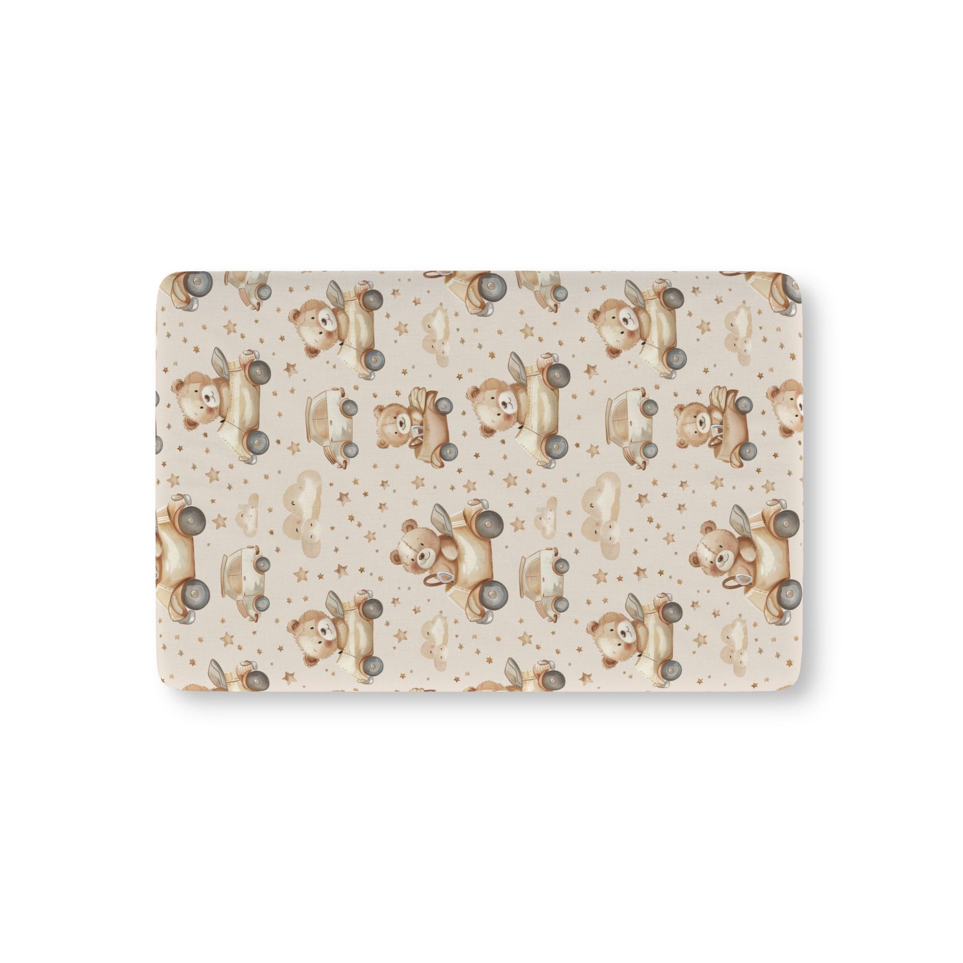 Teddy Roadtrip fitted crib sheet on a nursery crib mattress