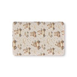 Teddy Roadtrip fitted crib sheet on a nursery crib mattress