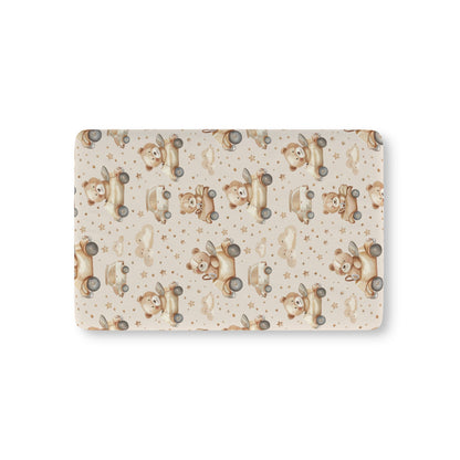Teddy Roadtrip fitted crib sheet on a nursery crib mattress