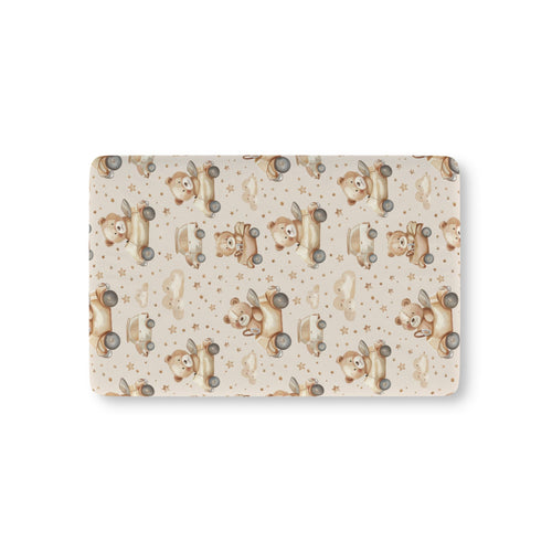 Teddy Roadtrip fitted crib sheet on a nursery crib mattress