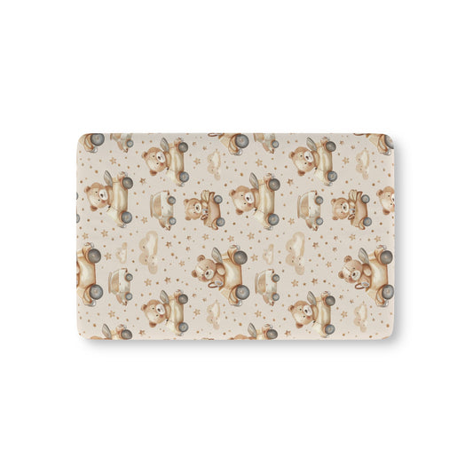 Teddy Roadtrip fitted crib sheet on a nursery crib mattress