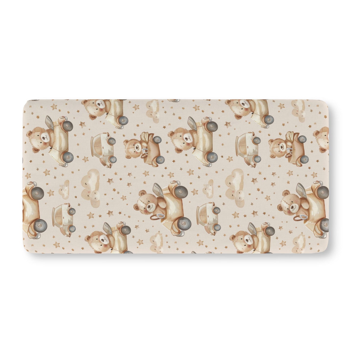 Fitted crib sheet with teddy bears driving little cars on cream