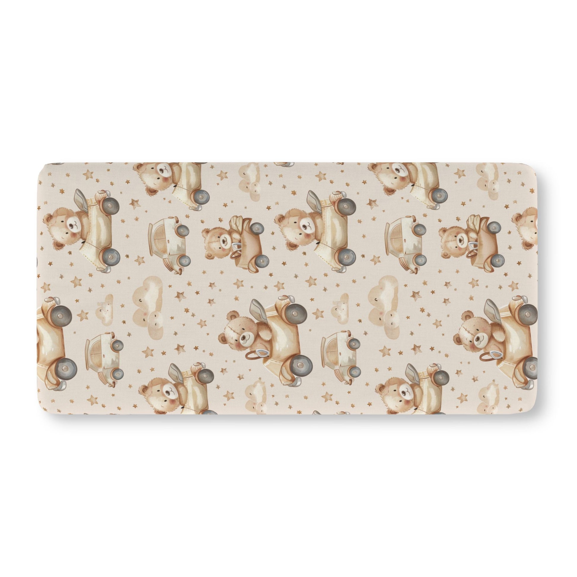 Fitted crib sheet with teddy bears driving little cars on cream