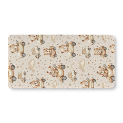 Fitted crib sheet with teddy bears driving little cars on cream