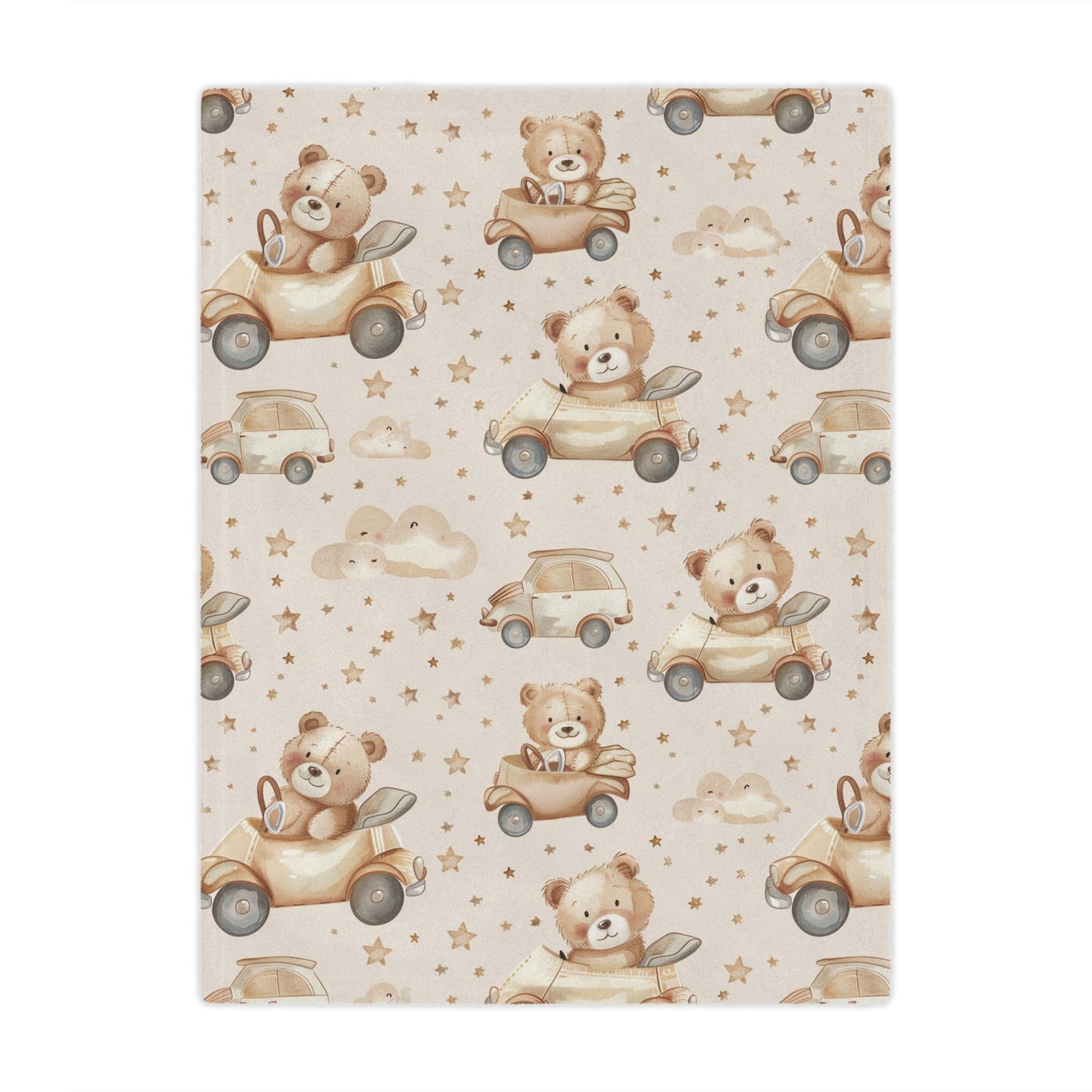 Minky baby blanket in tan and cream, Teddy Roadtrip print