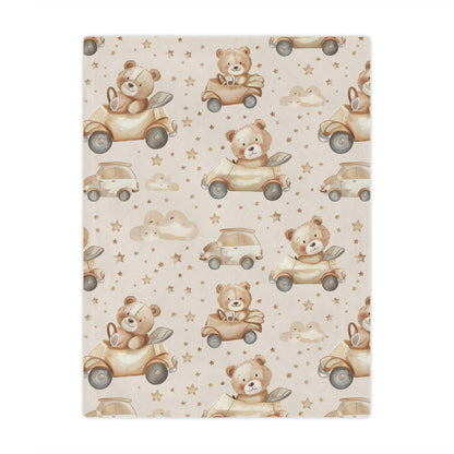 Minky baby blanket in tan and cream, Teddy Roadtrip print