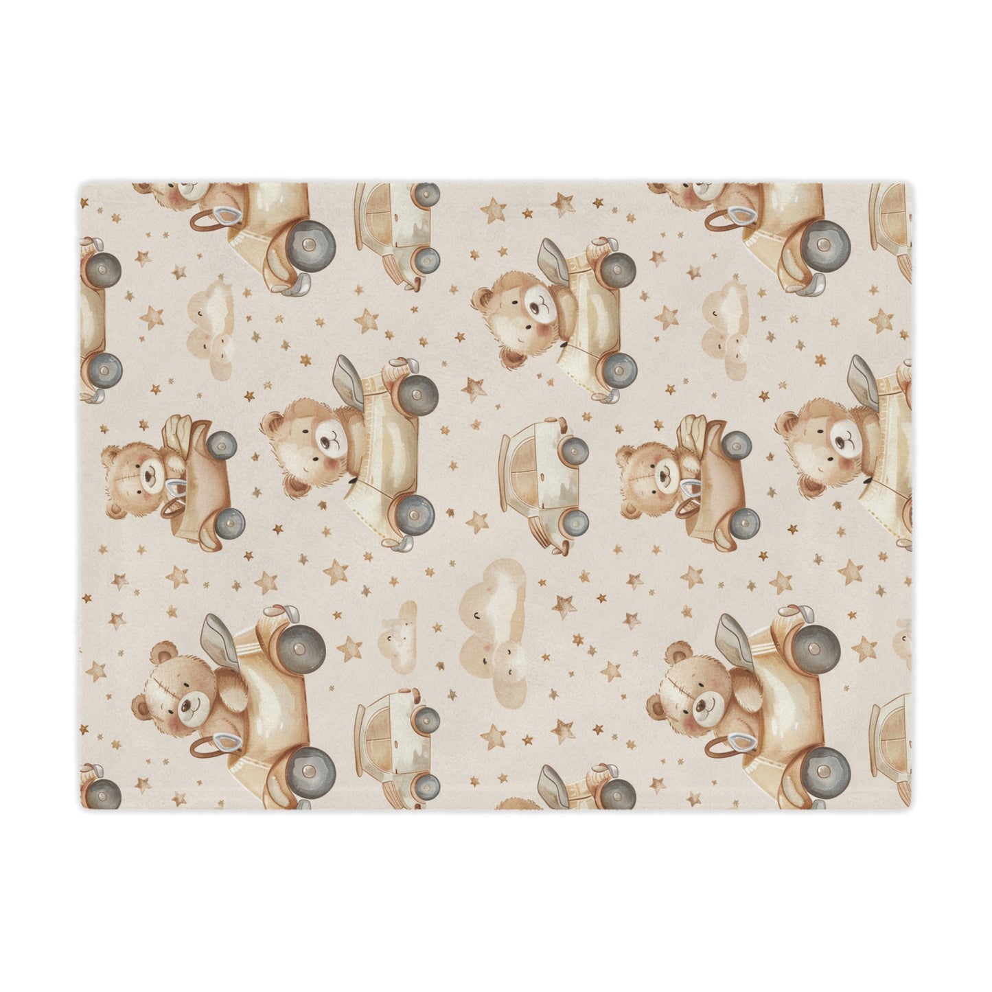 Close detail of a teddy bear driving a car on the minky blanket