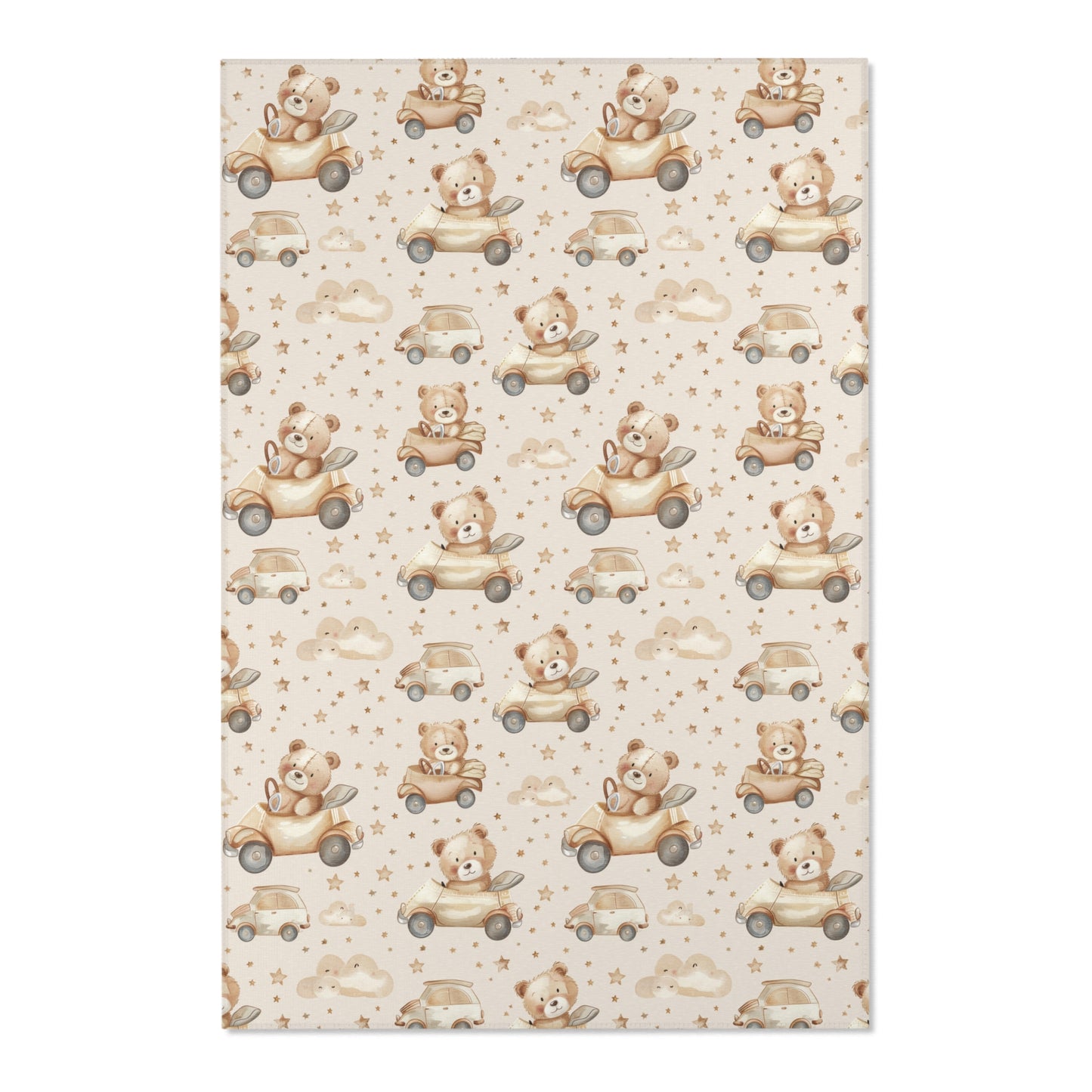 Close detail of the bears and cars on the nursery area rug