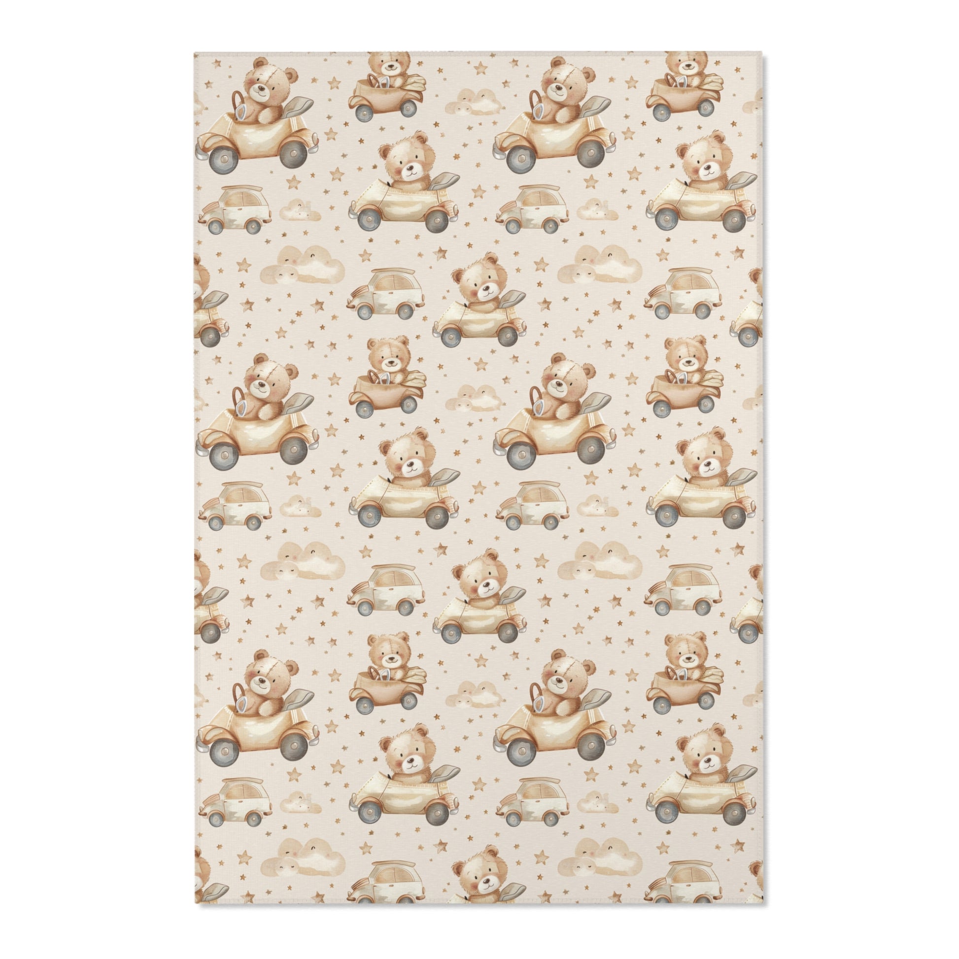 Close detail of the bears and cars on the nursery area rug