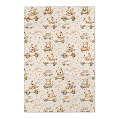 Close detail of the bears and cars on the nursery area rug