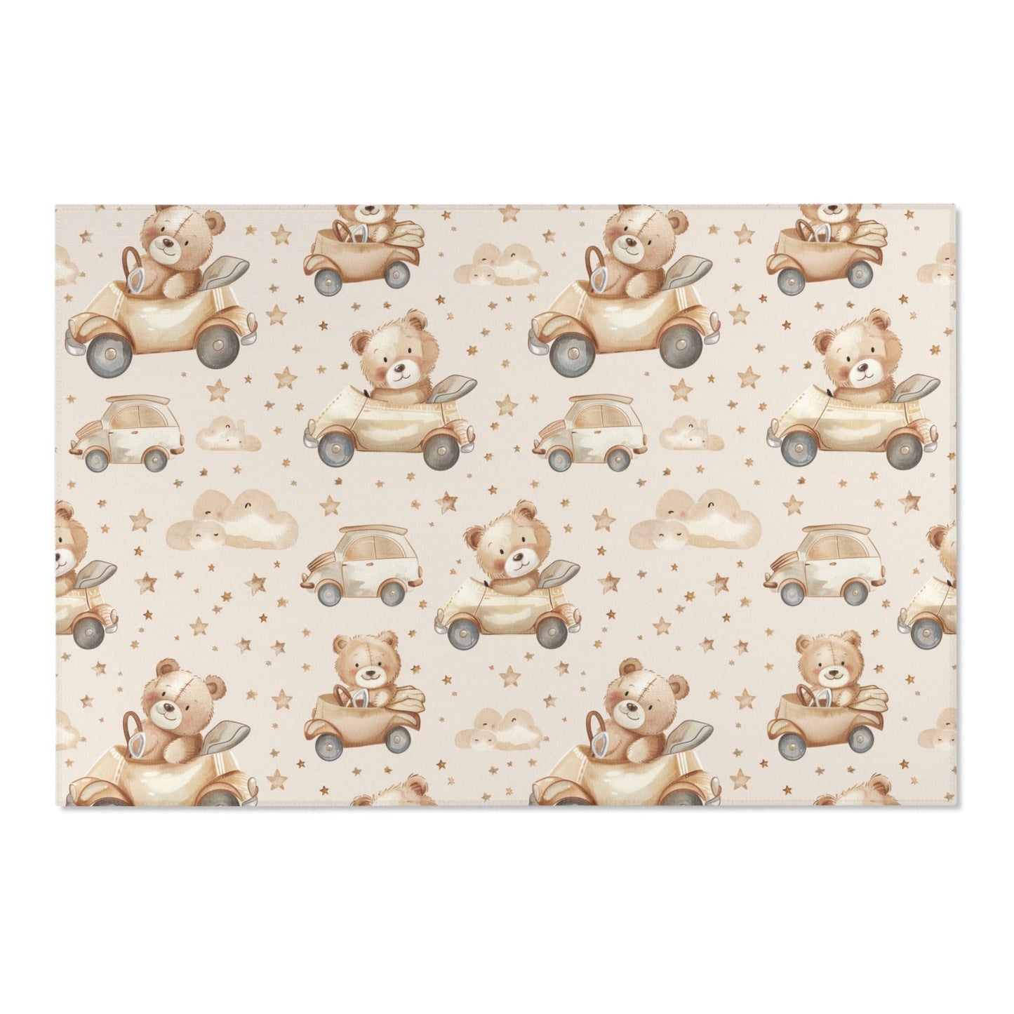 Low pile nursery rug with teddy bears driving little cars