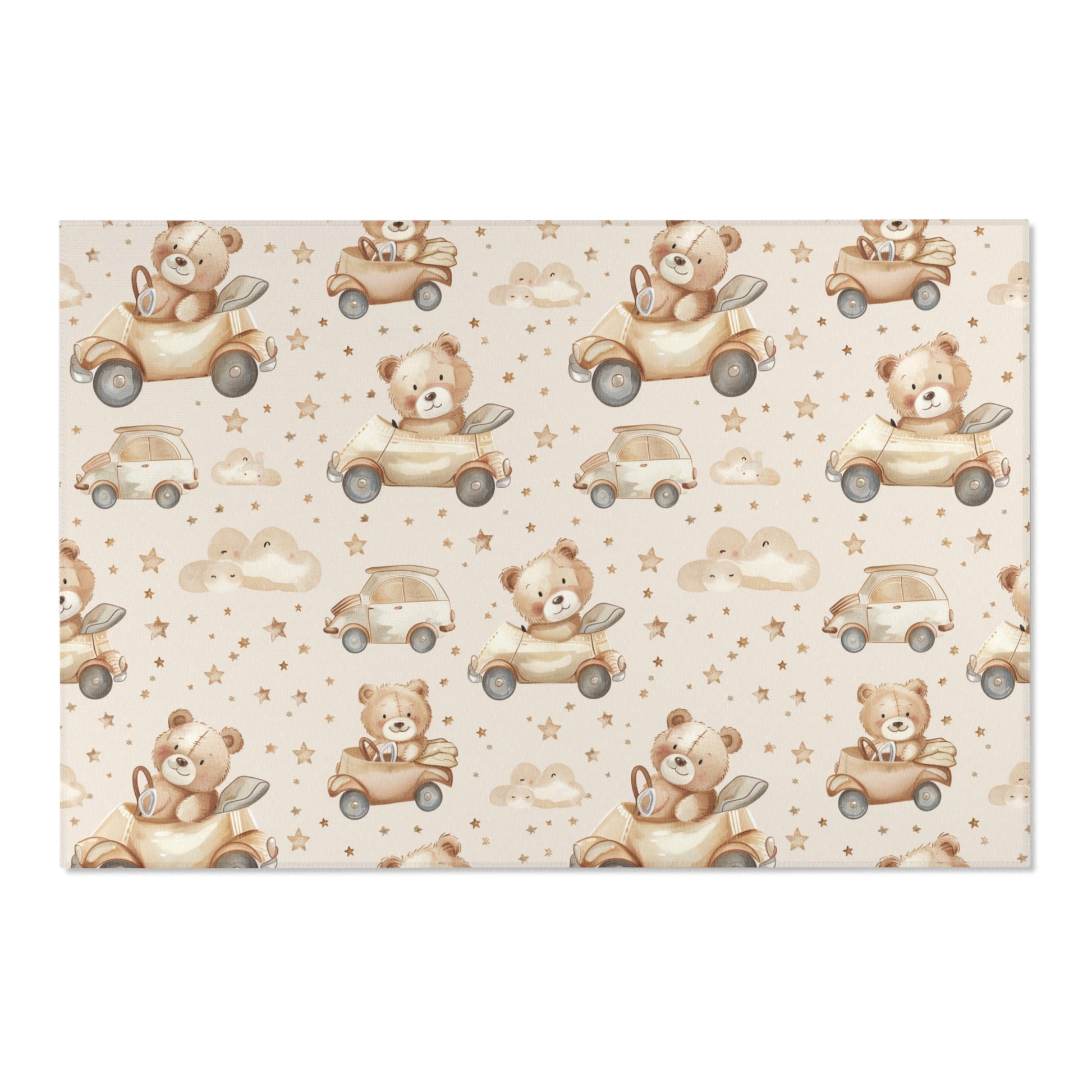 Low pile nursery rug with teddy bears driving little cars