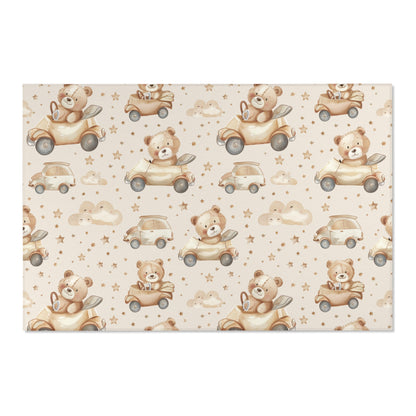 Low pile nursery rug with teddy bears driving little cars