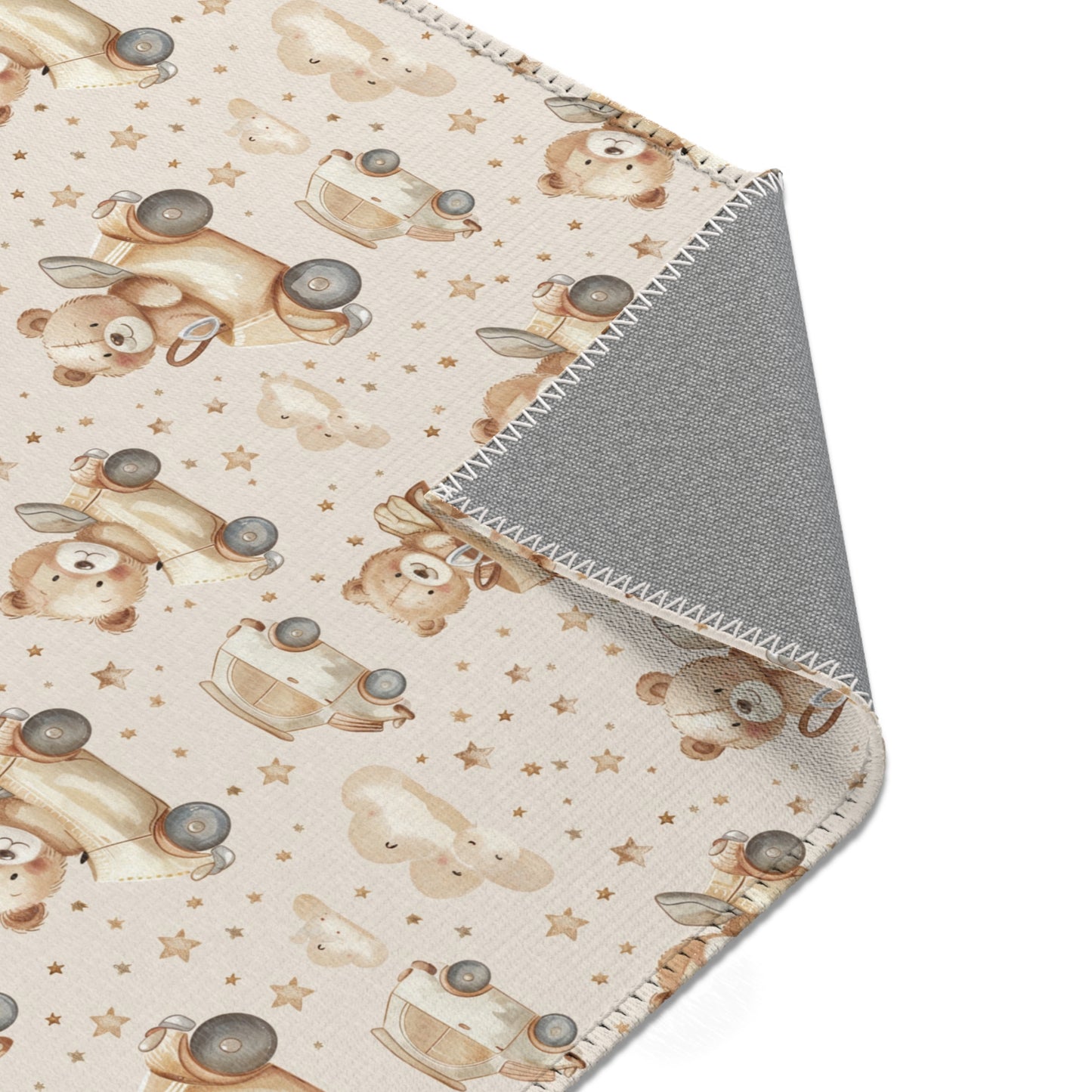 Nursery area rug printed edge to edge with bears and cars