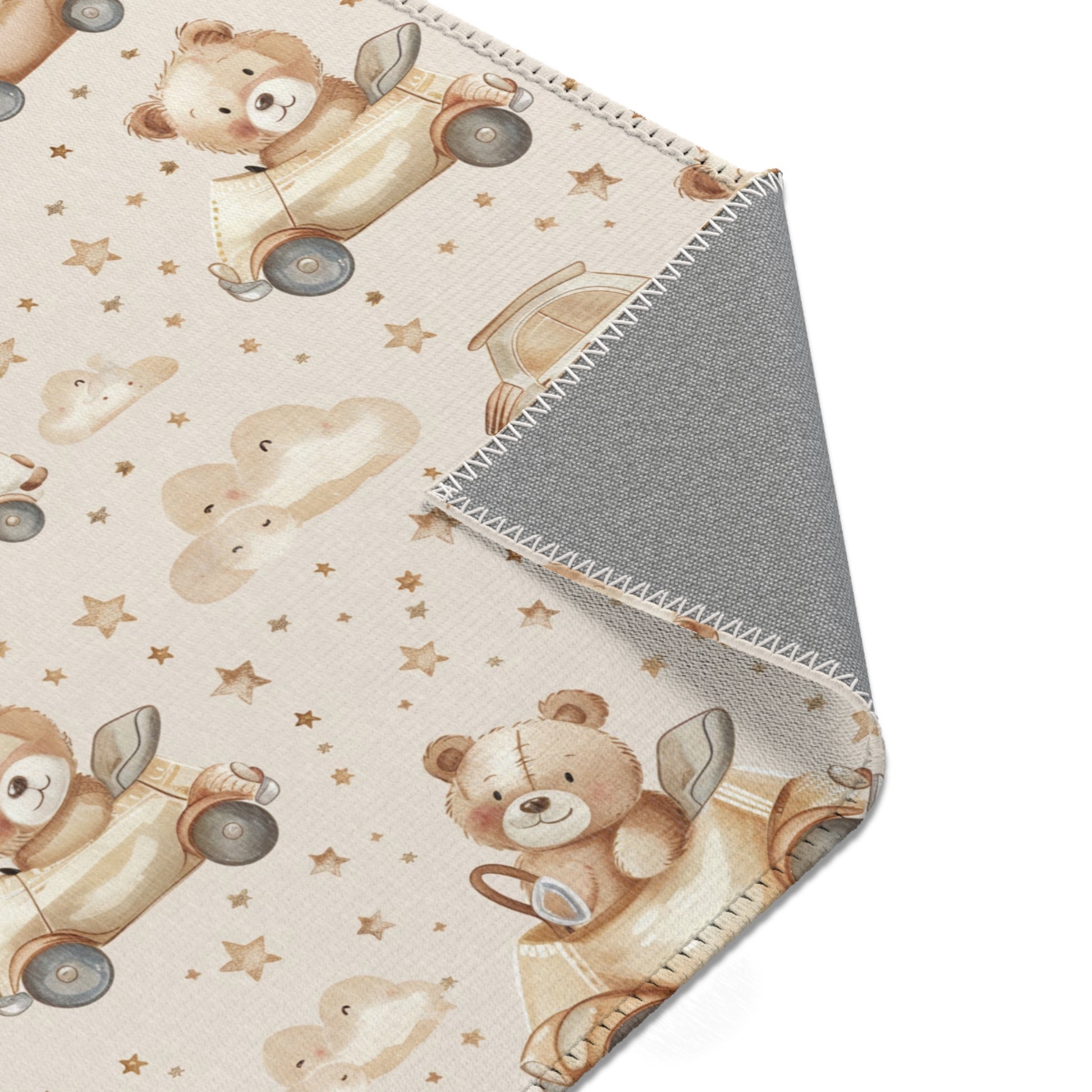 Teddy Roadtrip nursery rug pattern shown flat