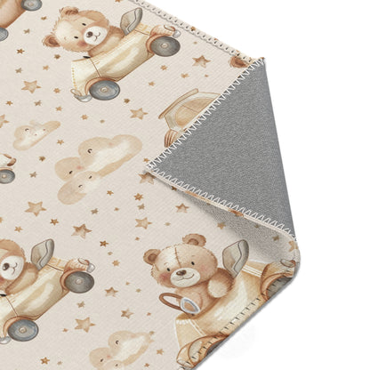 Teddy Roadtrip nursery rug pattern shown flat