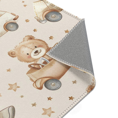 Teddy Roadtrip rug print detail in tan and cream