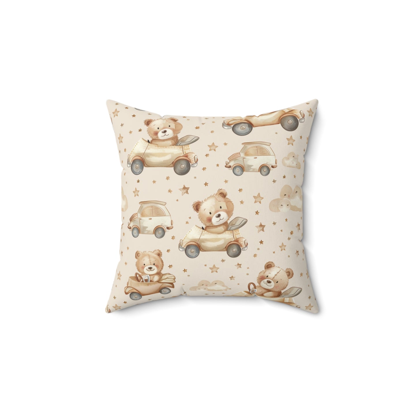 Teddy Roadtrip decorative nursery pillow on a glider chair