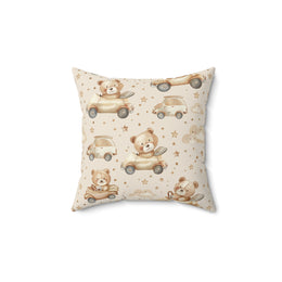 Teddy Roadtrip decorative nursery pillow on a glider chair