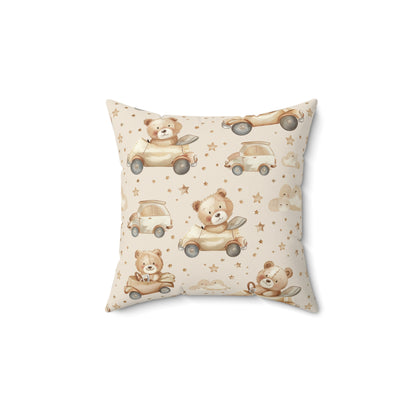 Teddy Roadtrip decorative nursery pillow on a glider chair