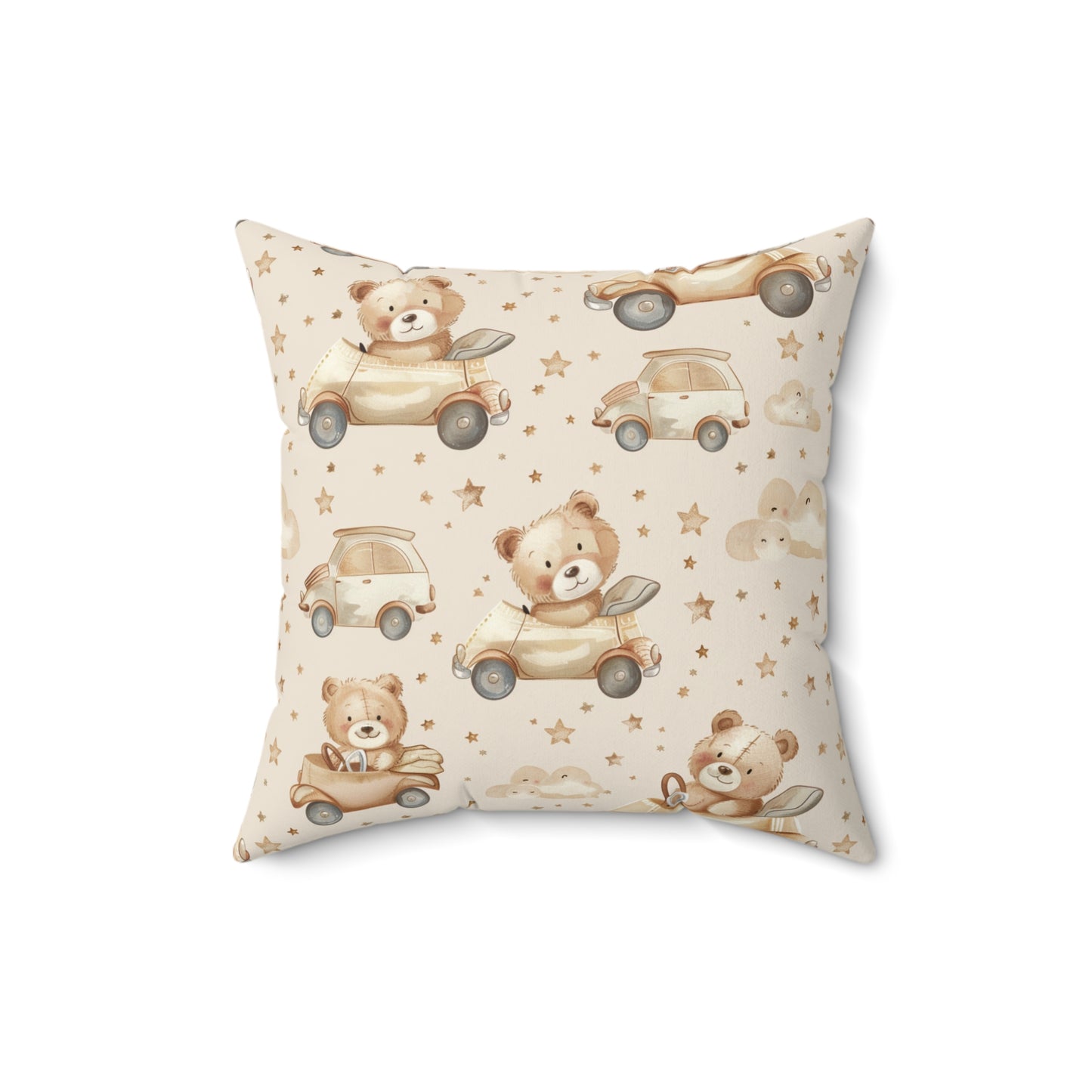 Faux suede nursery pillow with teddy bears in little cars