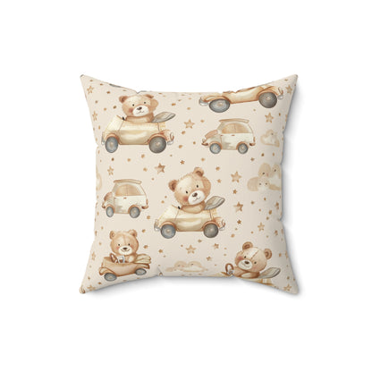 Faux suede nursery pillow with teddy bears in little cars