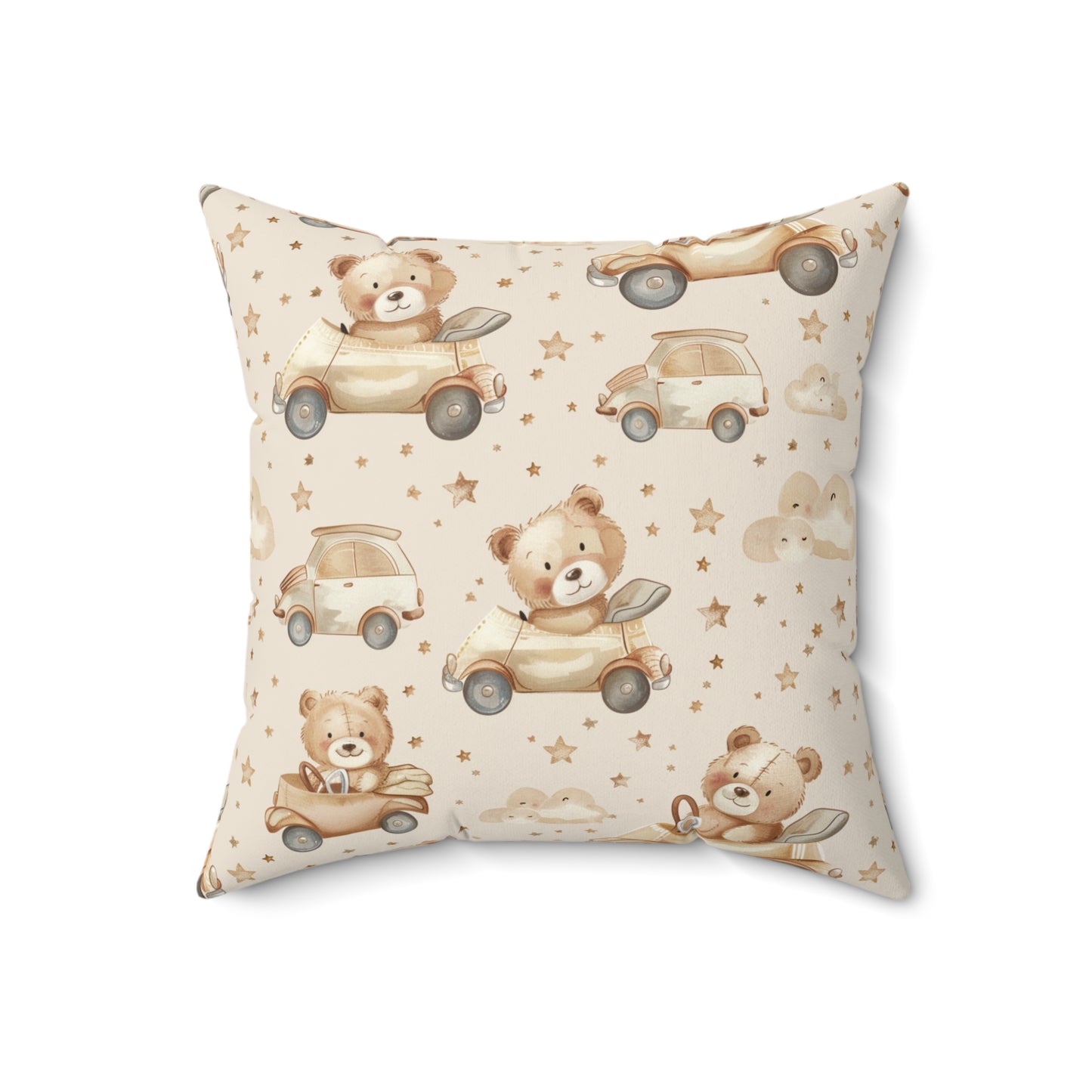Close detail of the bear and star print on the faux suede pillow