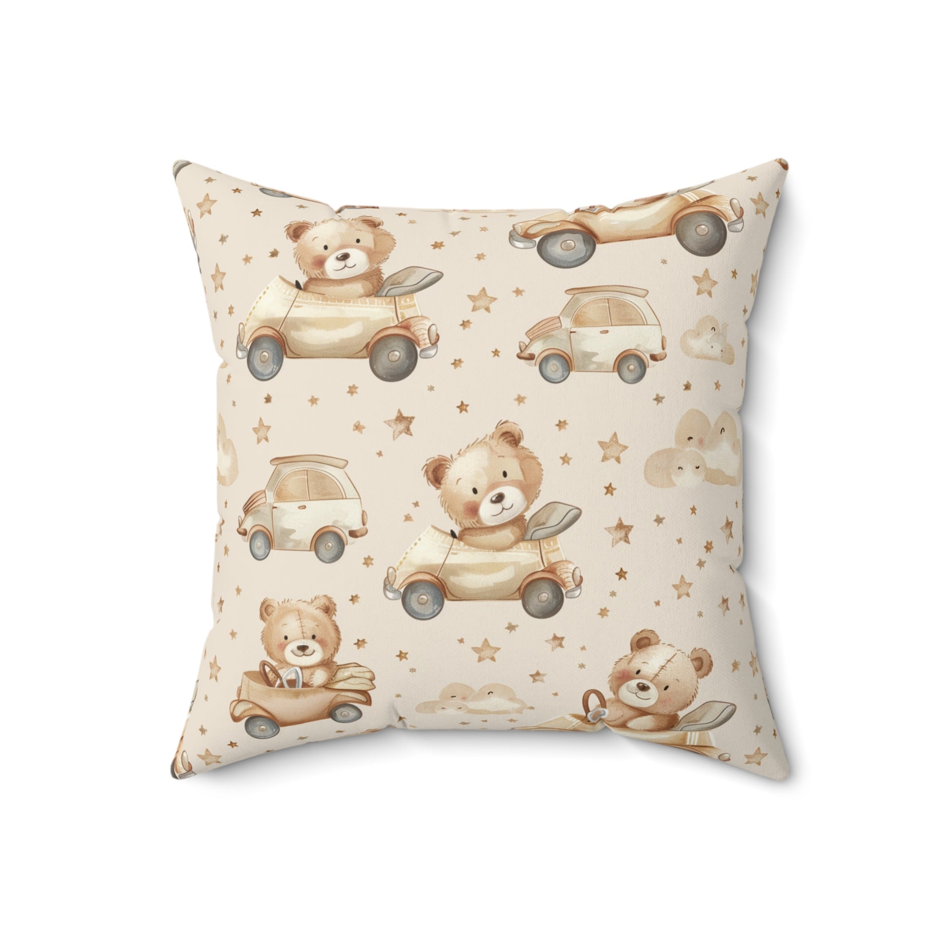 Close detail of the bear and star print on the faux suede pillow