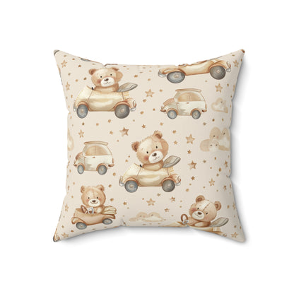 Close detail of the bear and star print on the faux suede pillow
