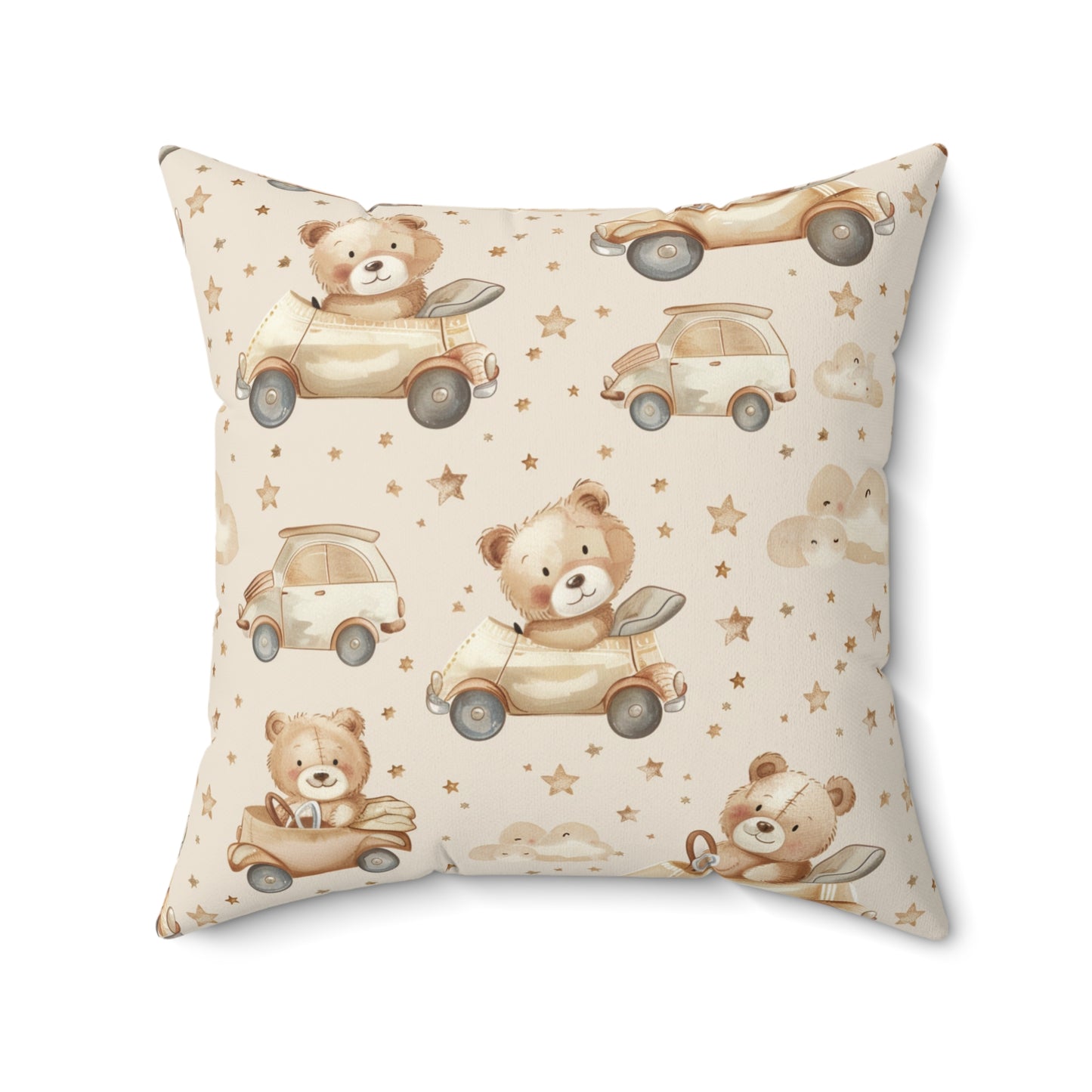 Teddy Roadtrip nursery pillow shown from the front