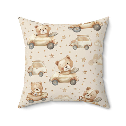 Teddy Roadtrip nursery pillow shown from the front