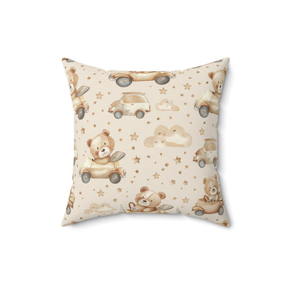 Nursery pillow in tan and cream, Teddy Roadtrip print