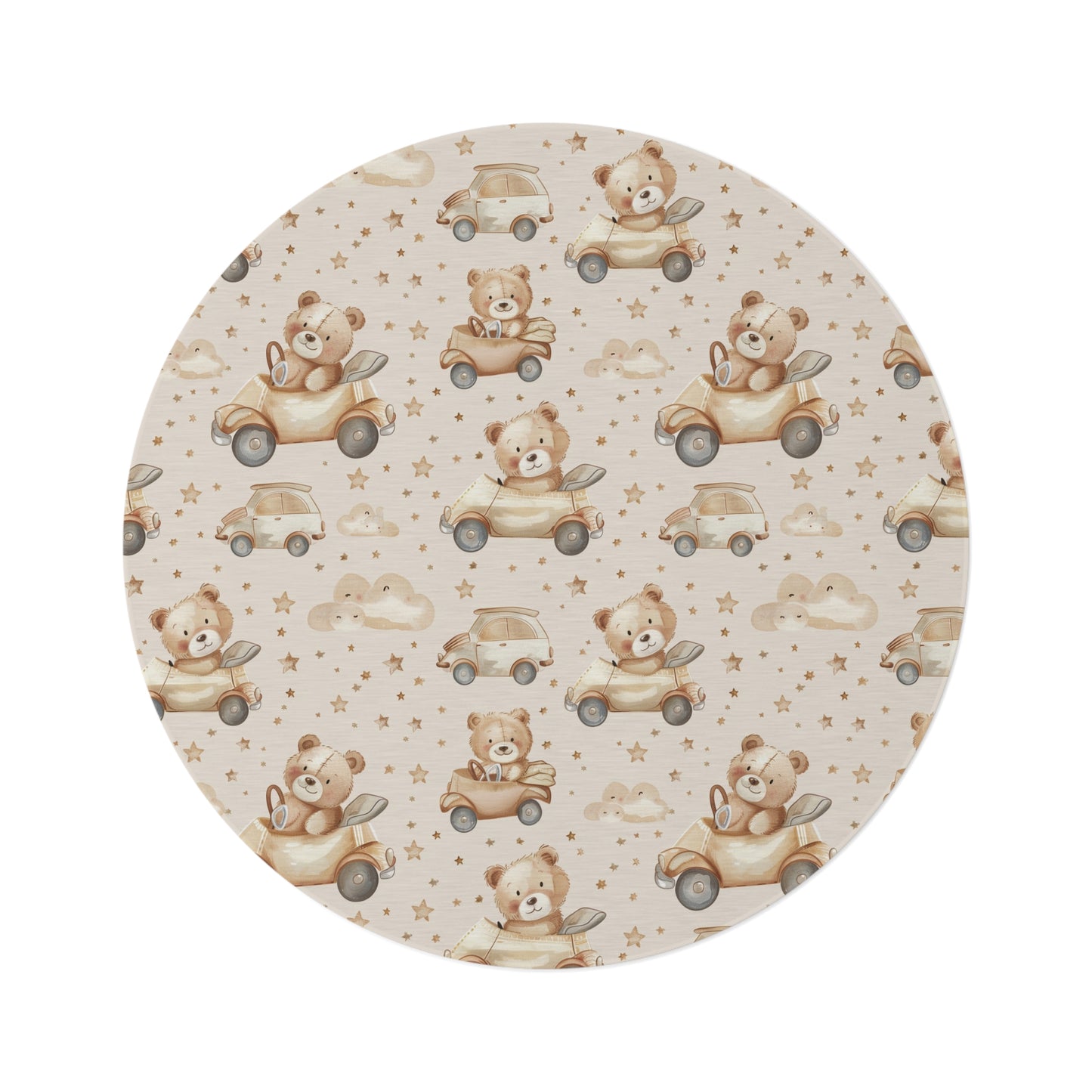 Teddy Roadtrip round nursery rug on a baby room floor