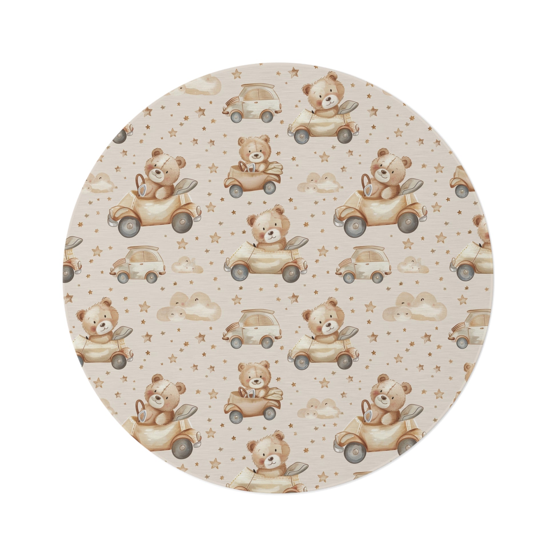 Teddy Roadtrip round nursery rug on a baby room floor