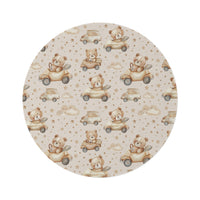 Teddy Roadtrip round nursery rug on a baby room floor