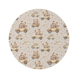 Teddy Roadtrip round nursery rug on a baby room floor