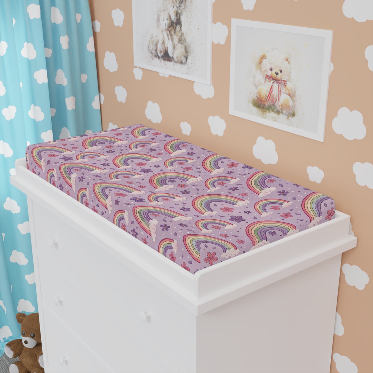 Violet Sky Rainbows changing pad cover fitted over a contoured pad