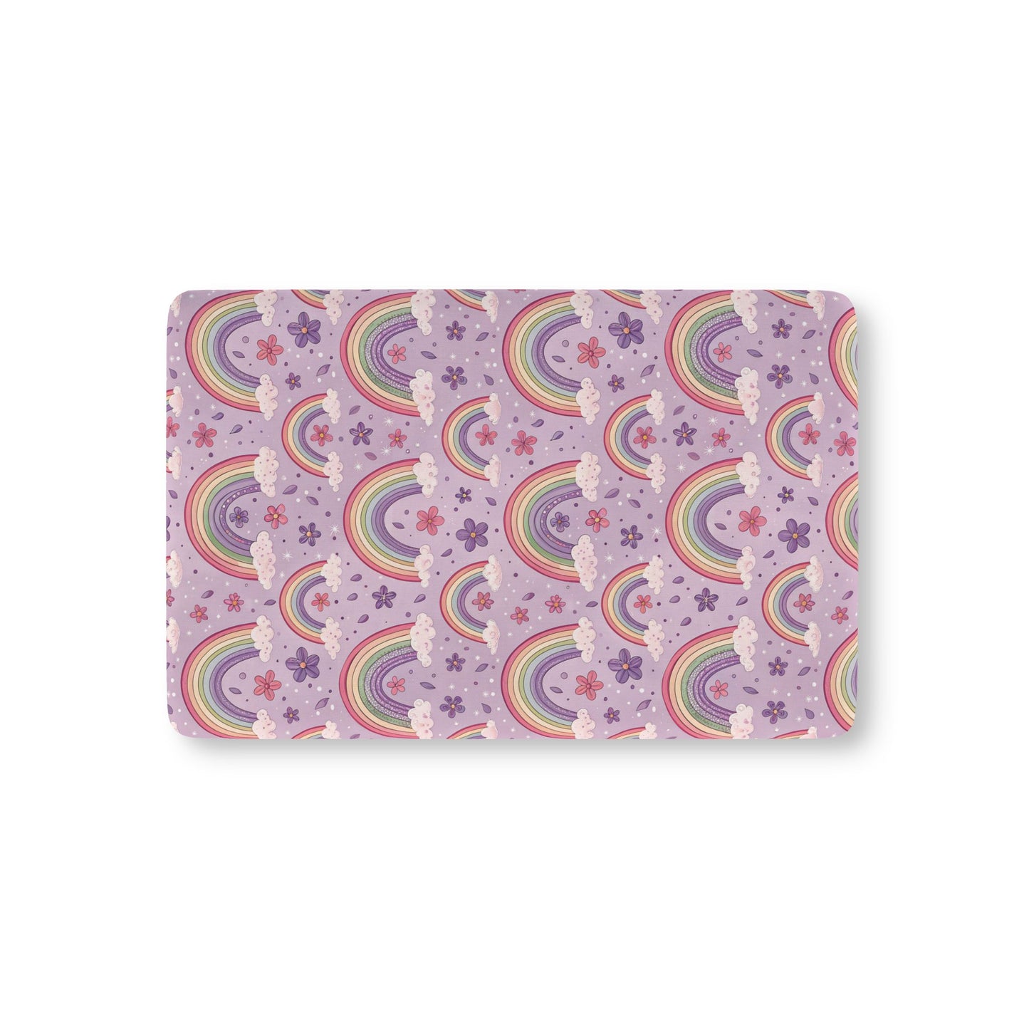 Violet Sky Rainbows fitted crib sheet on a nursery crib mattress