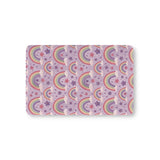 Violet Sky Rainbows fitted crib sheet on a nursery crib mattress