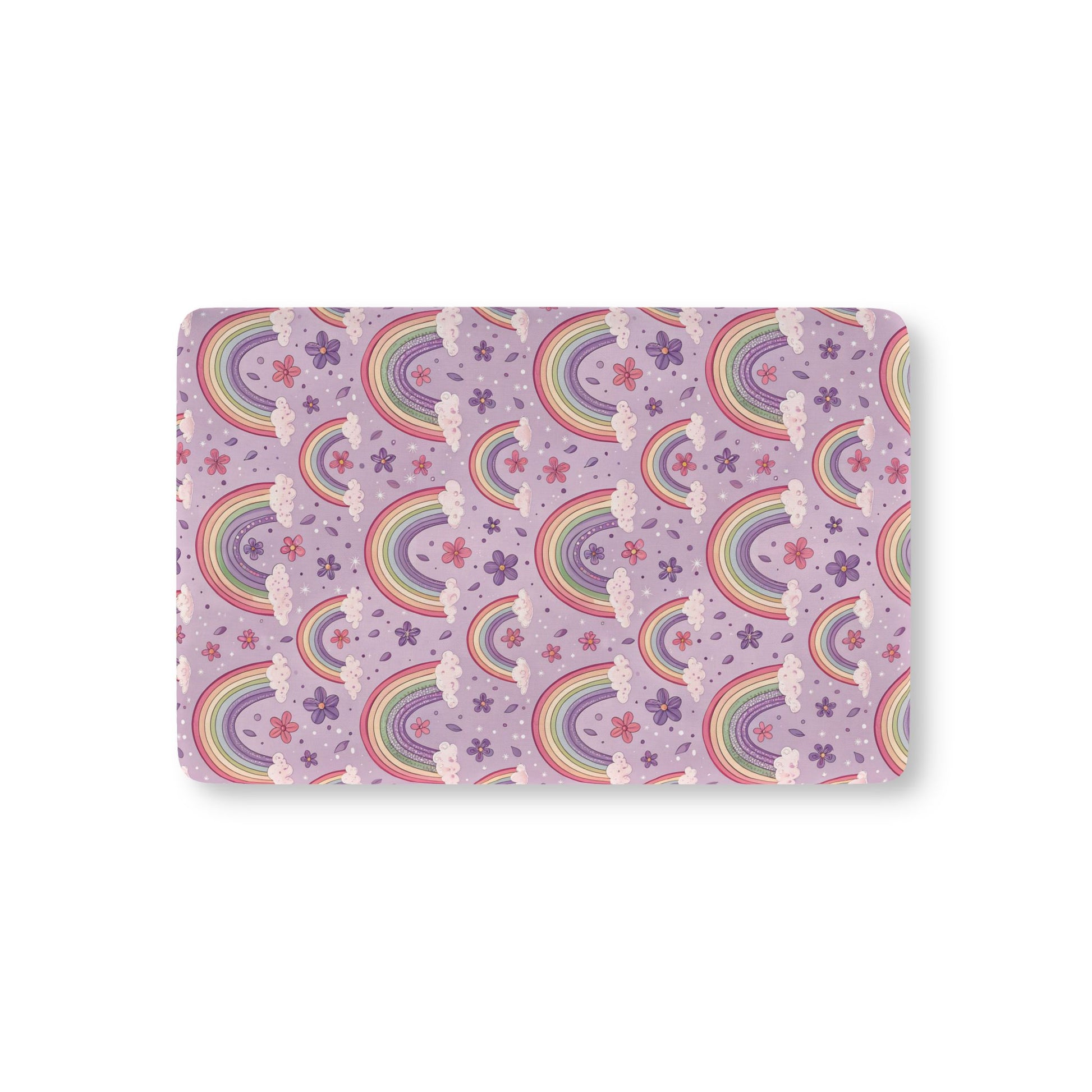 Violet Sky Rainbows fitted crib sheet on a nursery crib mattress